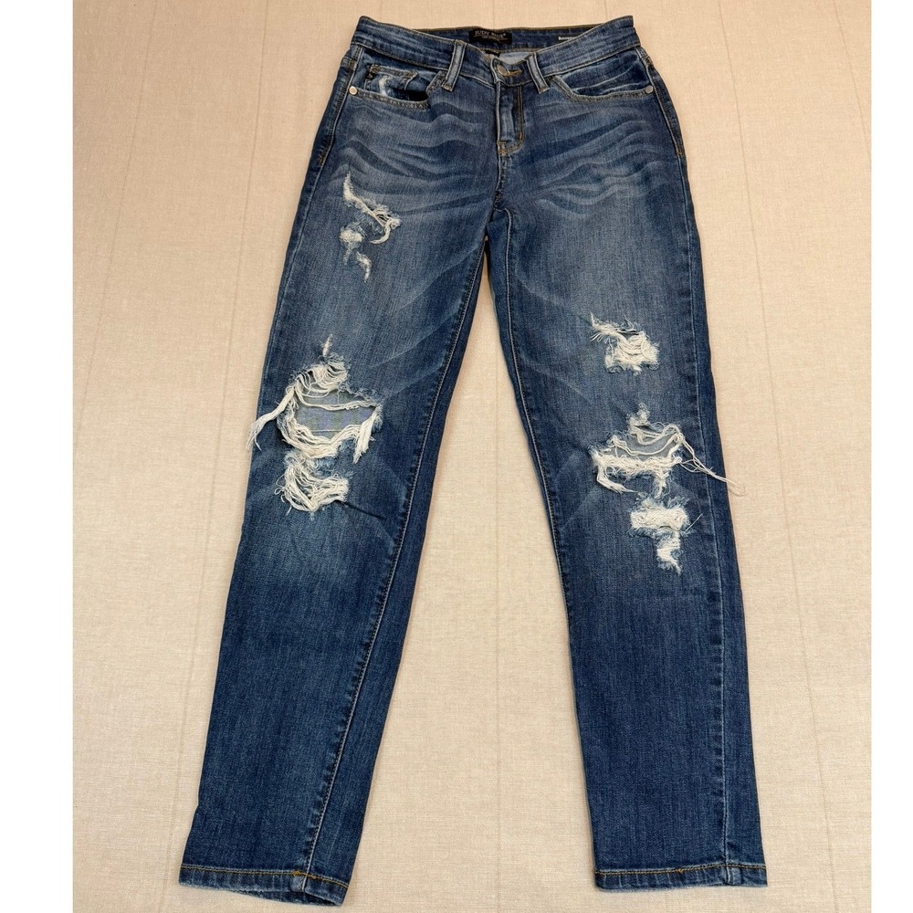 Judy Blue | Boyfriend Fit Distressed Jeans Blue Mid Rise |‎ Women's 1/25